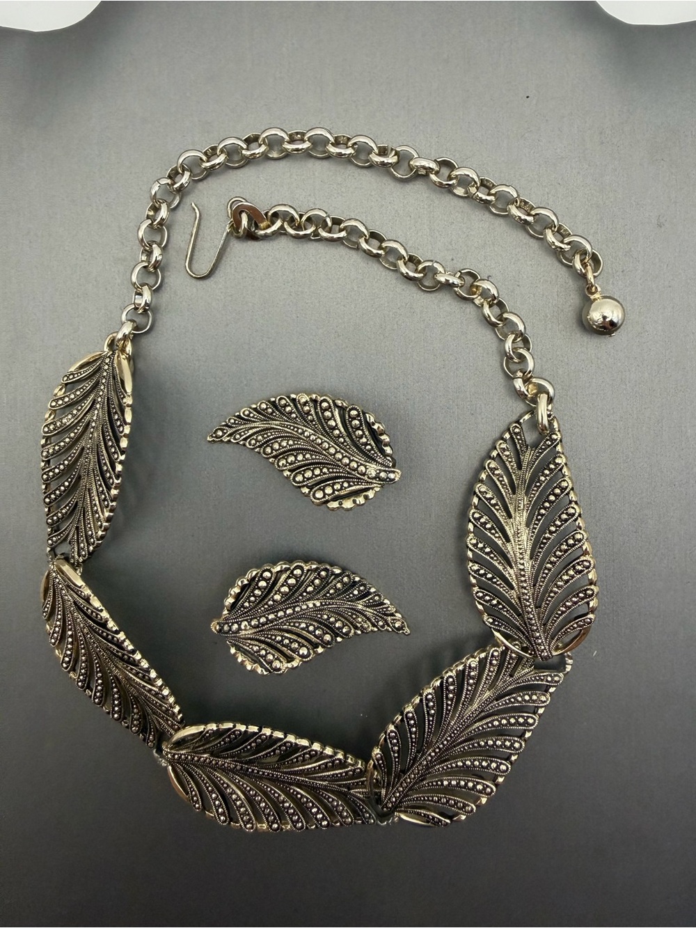 Made in Germany Antiqued Silver Tone Leaf Statement Necklace and Earring Set
